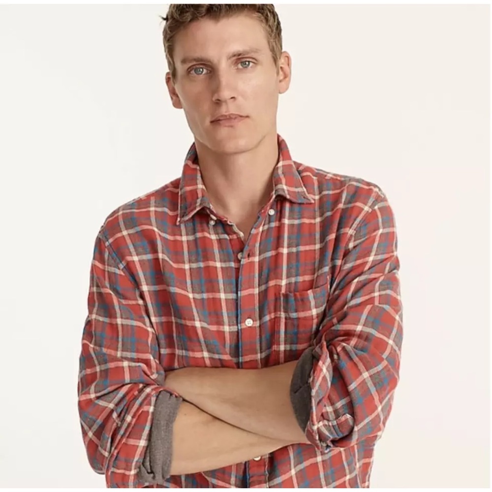 J Crew Mens Slim Double Weave Plaid Shirt Size L Red Blue Longsleeve